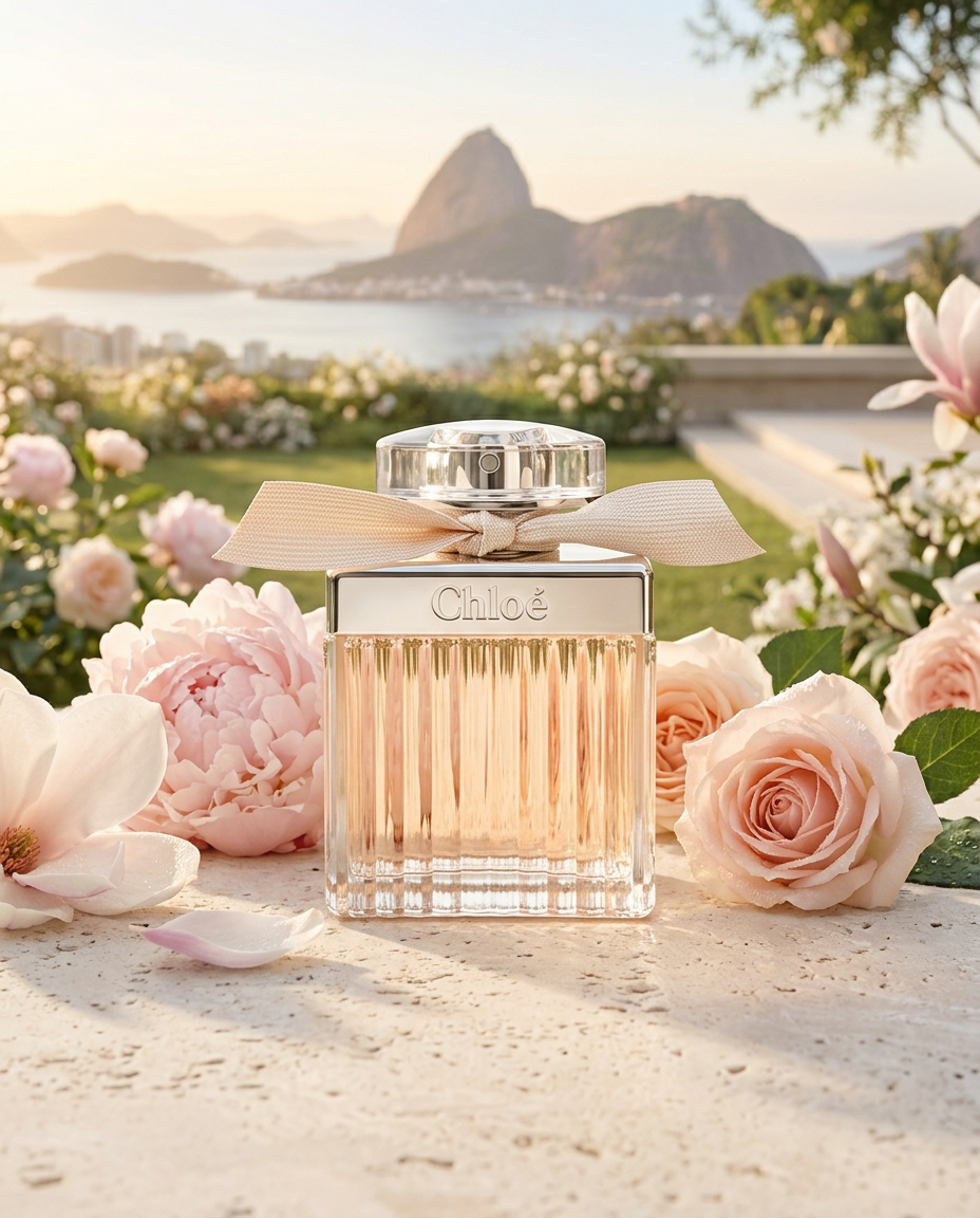 Chloé Eau de Parfum entre flores em uma paisagem ao amanhecer